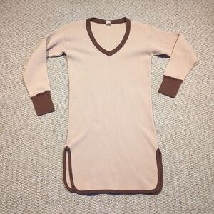 Vintage Thermal Waffle Shirt Dress Nightgown Lounge Sleepwear Brown One Size